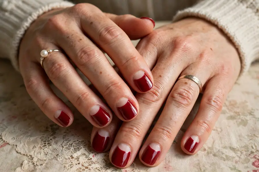 Vintage half moon red manicure on real hands with bare crescents at the cuticle