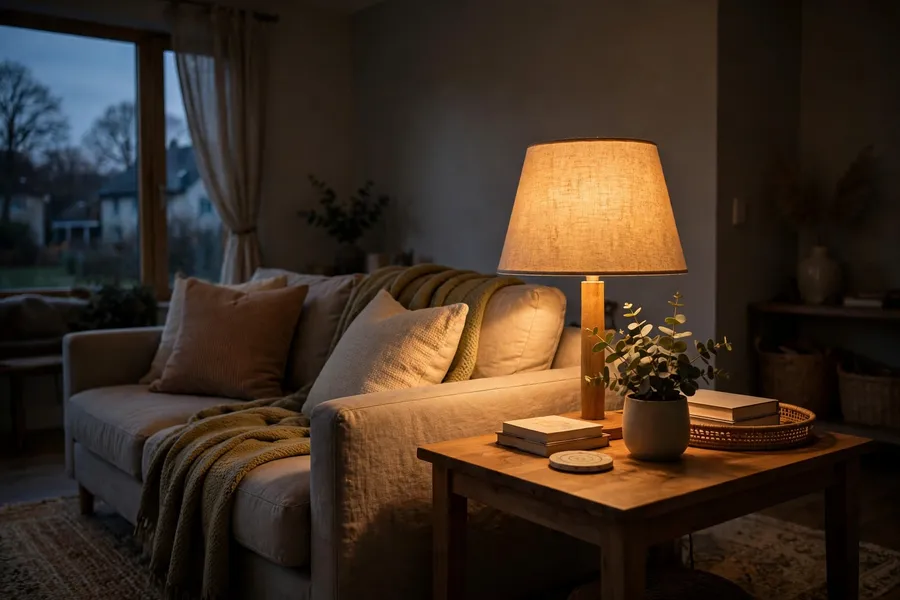 warm table lamp glowing softly in a cozy living room at dusk