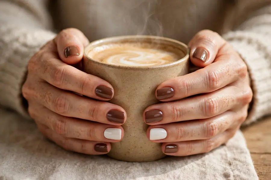 Hot chocolate nails with whipped cream accent nail on real hands