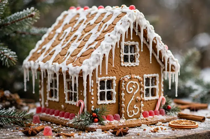 Photorealistic photograph of a gingerbread house with dripping white icing icicles along the roof edges