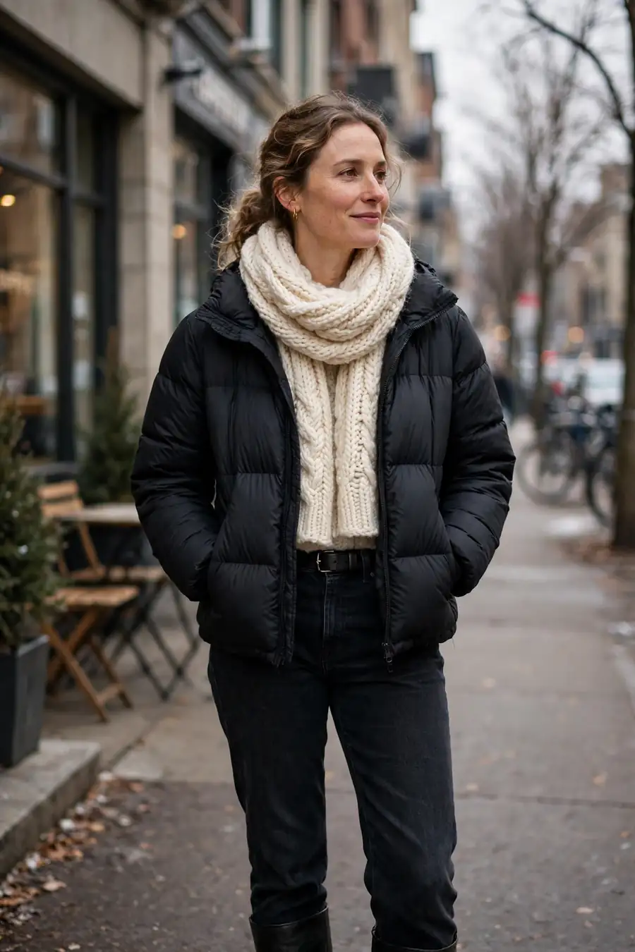 Woman in a black puffer jacket with a thick cream scarf and dark jeans