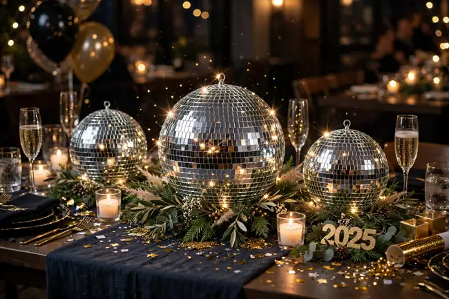 Disco ball centerpieces sparkling on a New Year's Eve party table