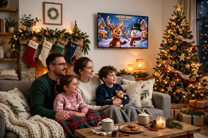 Family watching an animated Christmas movie together in a living room with a decorated tree