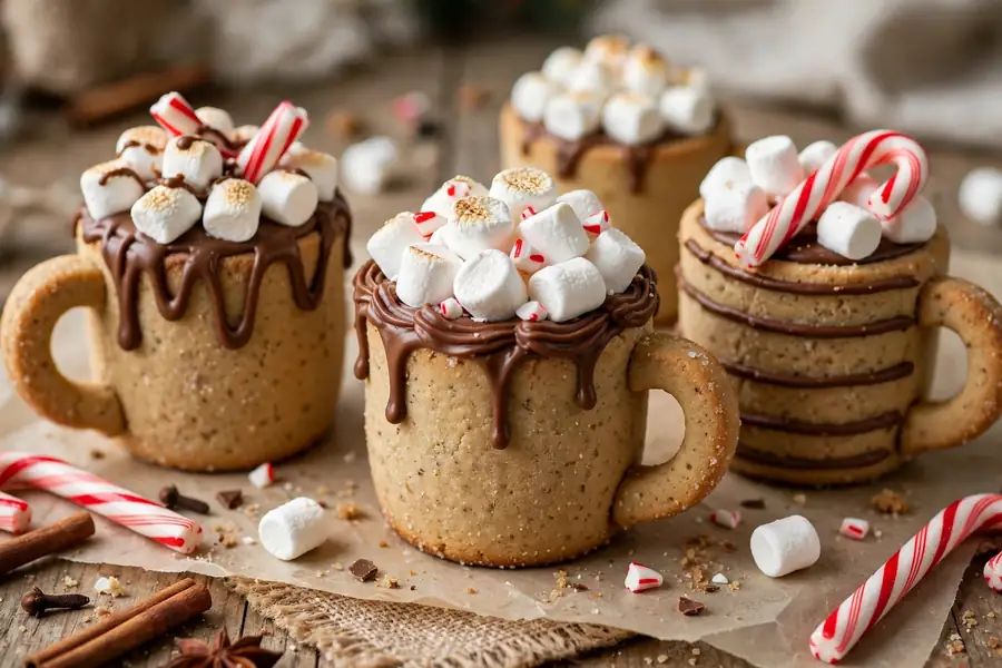 Mug-shaped cookies decorated with brown icing, marshmallows and candy canes