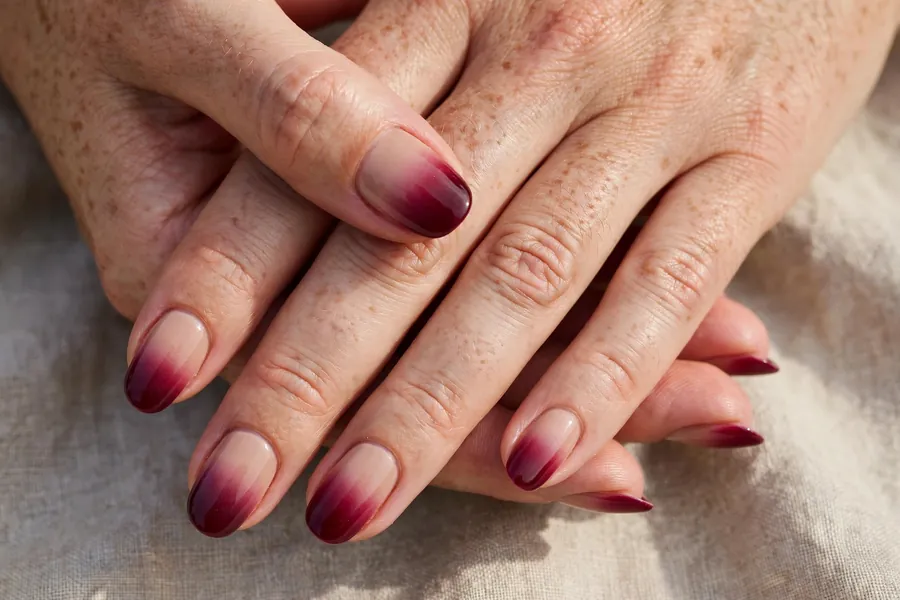 Cranberry ombre nails fading from nude to deep berry
