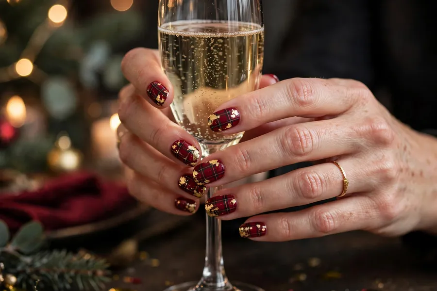 Gold foil plaid accent nails