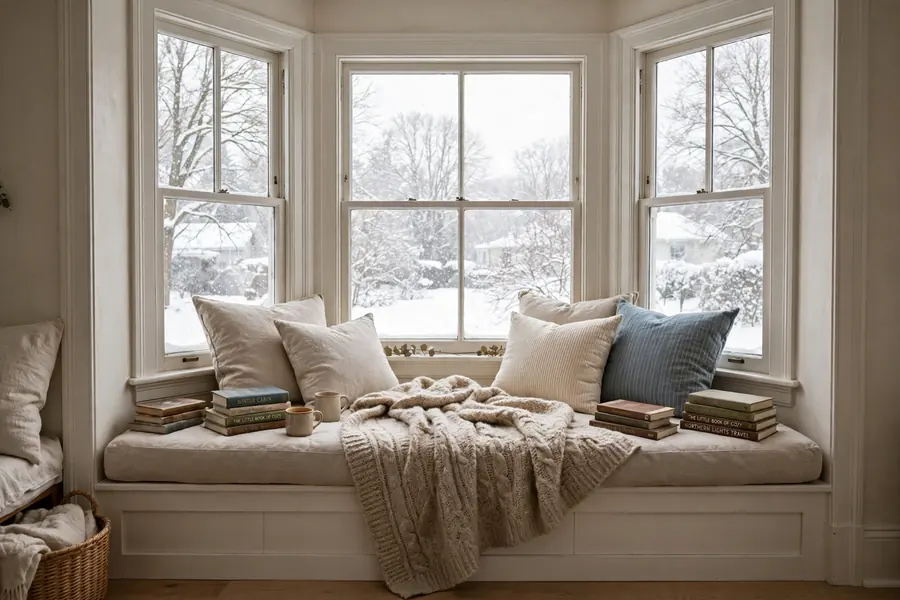 Bay window daybed with cushions blankets and books in soft winter light