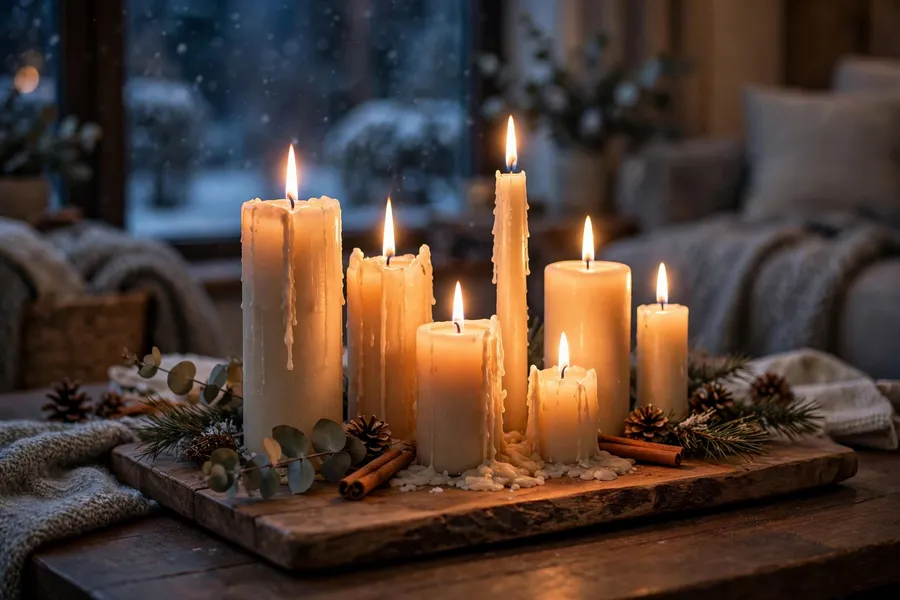 cluster of candles on a tray glowing on a living room coffee table