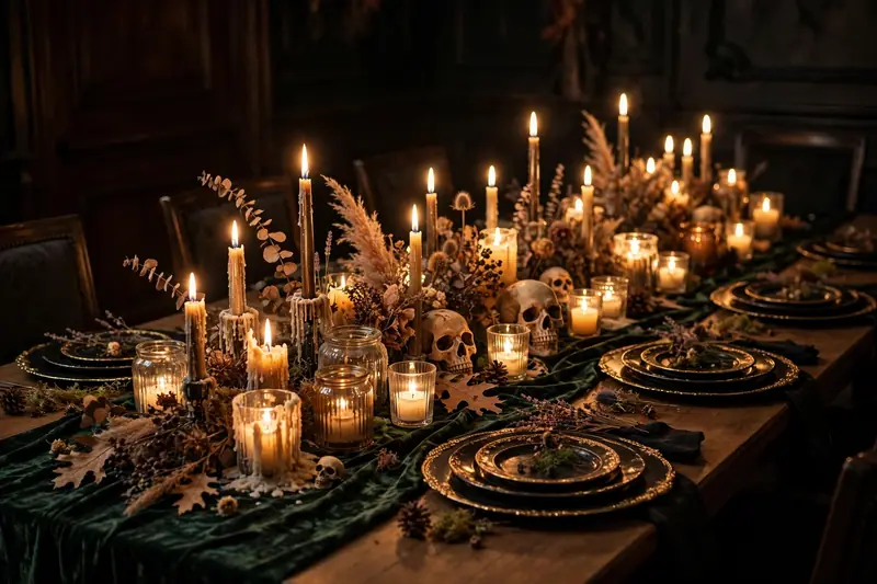 Candlelit gothic Halloween dinner table with velvet runner, candles, black plates and skull centerpieces