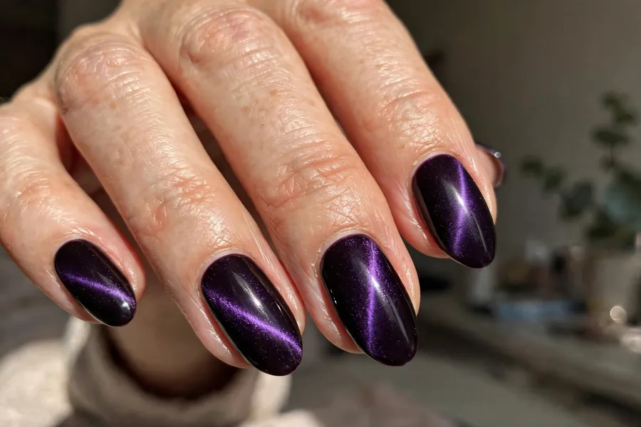 Deep plum purple cat-eye manicure