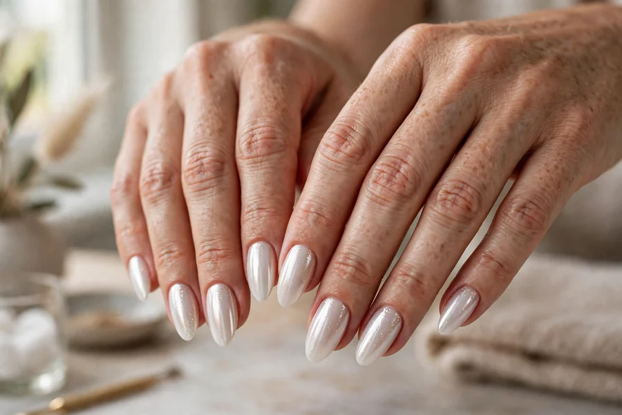Champagne glitter milky white chrome nails in an almond shape