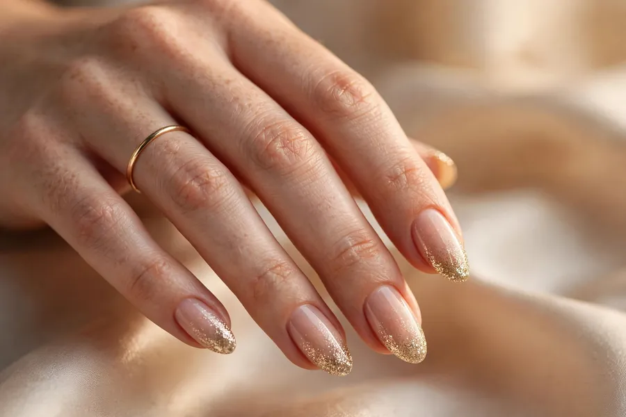 Champagne glitter fade bridal nails with sparkling tips