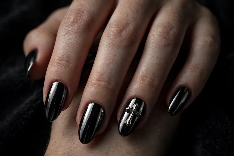 Black gothic chrome nails with a silver cross accent nail