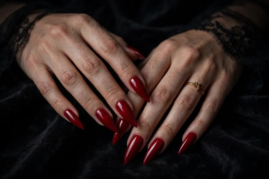Glossy crimson red stiletto nails on real hands in evening styling