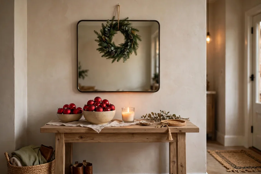 Entryway console table with a small wreath, bowl of ornaments and Christmas greenery