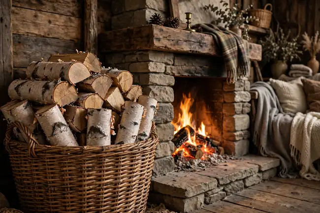 Fall home decor ideas with a woven firewood basket beside a fireplace