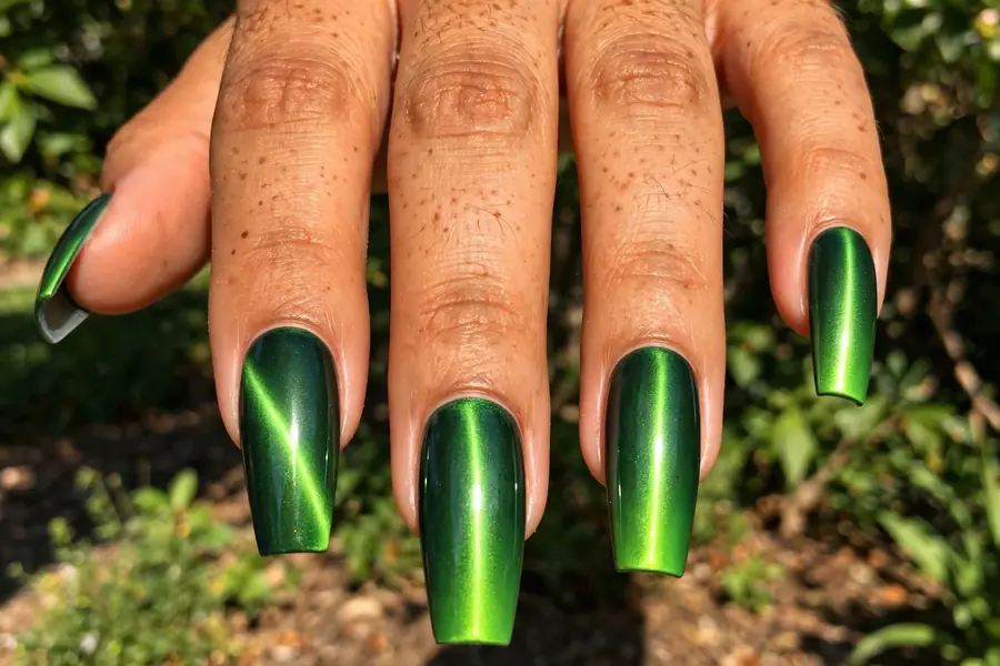 Coffin nails with forest green-to-lime two tone cat eye nail polish, electric shimmer stripe