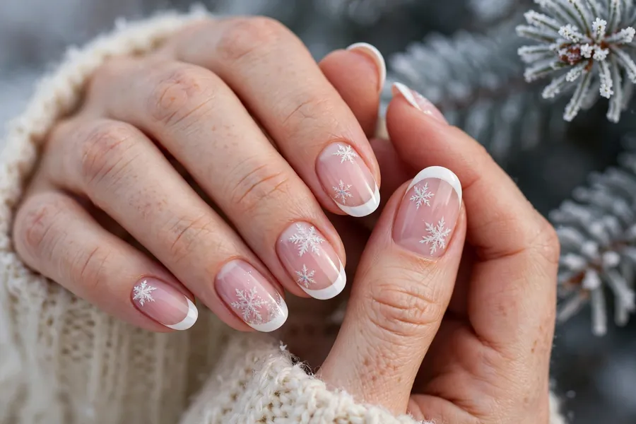 French manicure nails with white tips and tiny frosted snowflake nail art on real hands