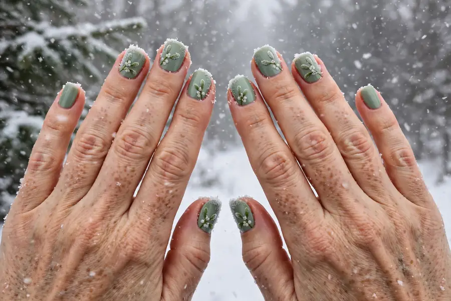 Frosted mistletoe on sage green mistletoe nails on real hands in falling snow