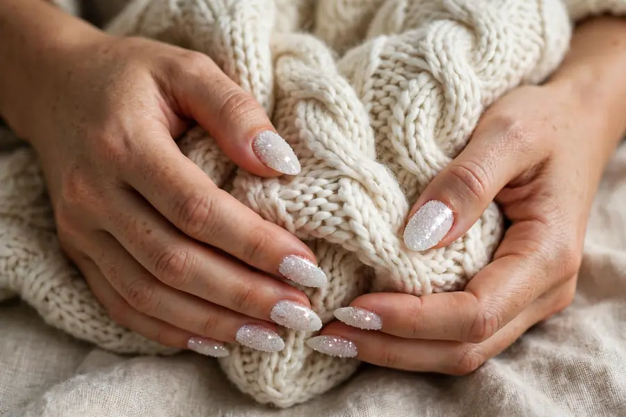 White sugar glitter nails on real hands holding a cozy knit sweater