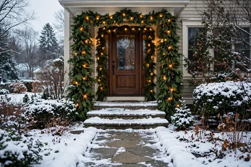 Photorealistic photograph of thick evergreen garland with warm lights framing a front doorway in winter