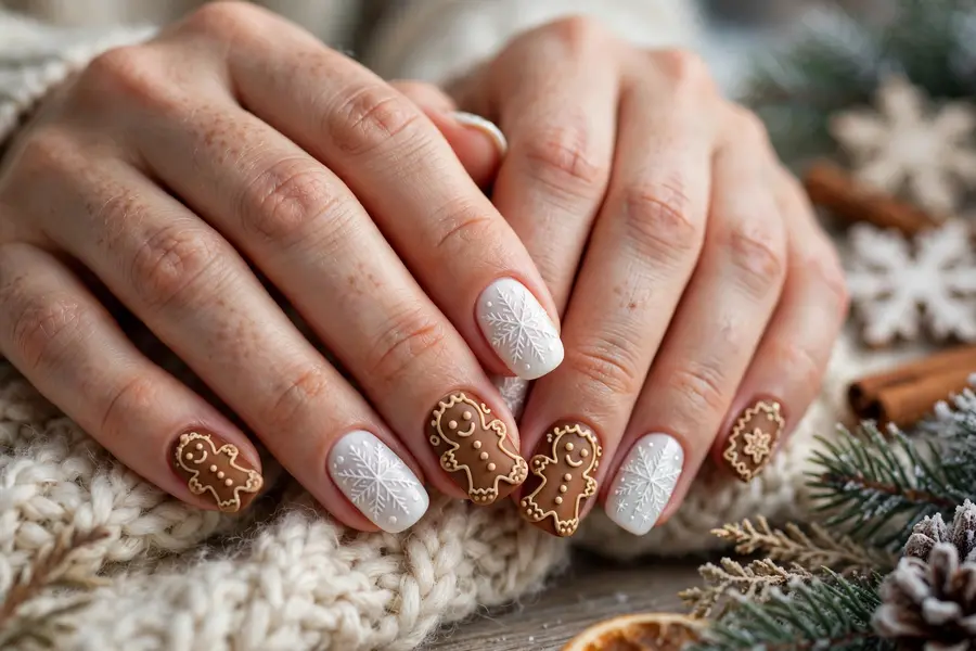 Gingerbread and snowflake mix nails with brown and white winter art on real hands