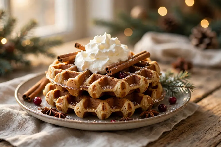 Gingerbread waffles with whipped cream and cinnamon sticks on a plate