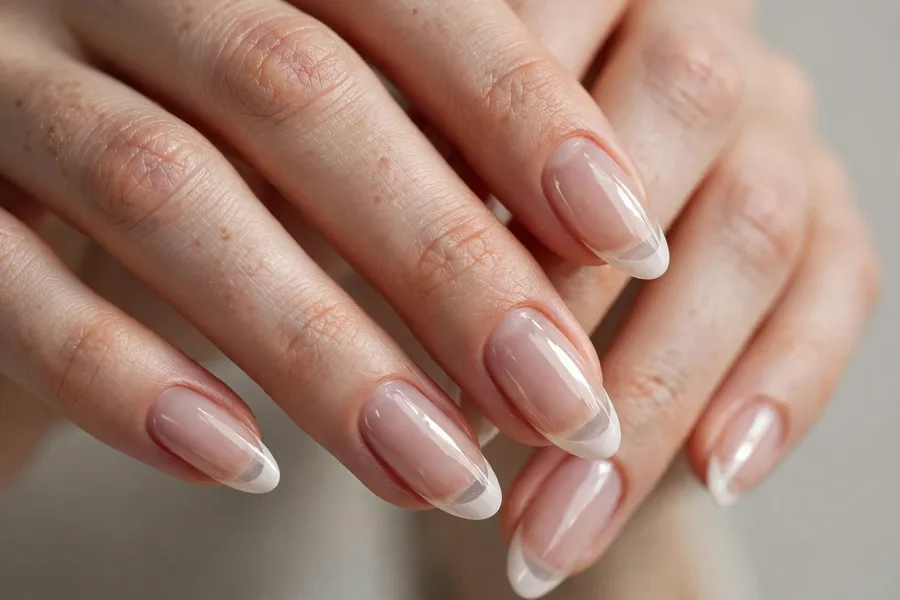 Sheer nude nails with glassy white French tips on real hands