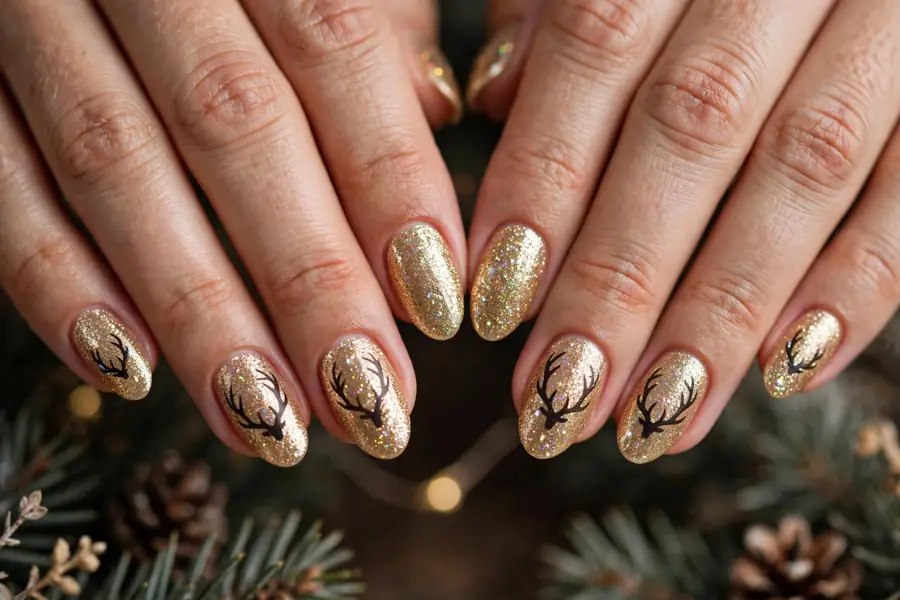 Glitter antler silhouette reindeer nails on real hands sparkling in festive light