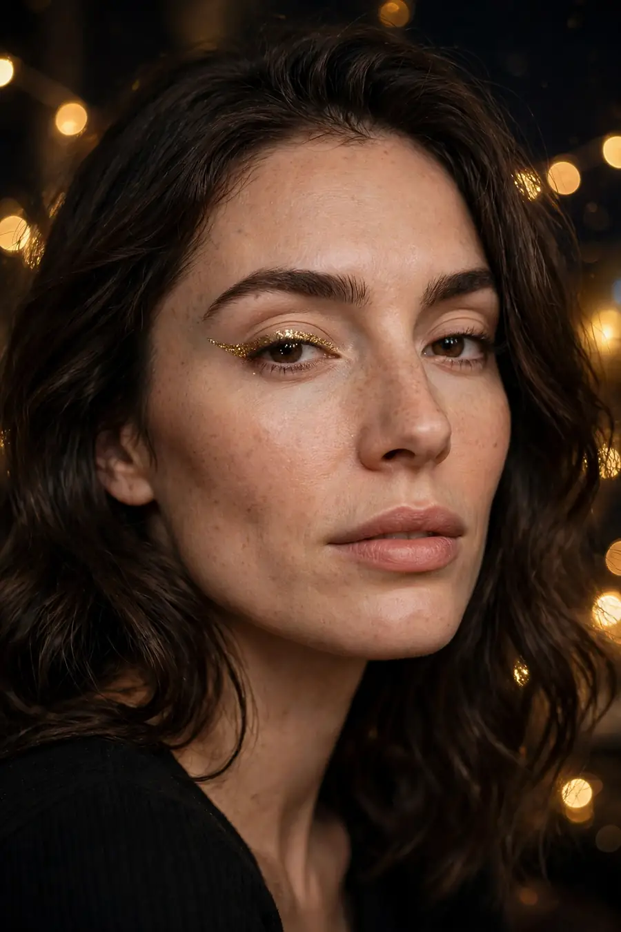 Woman with a glitter eyeliner flick over a simple eye look for New Year's Eve