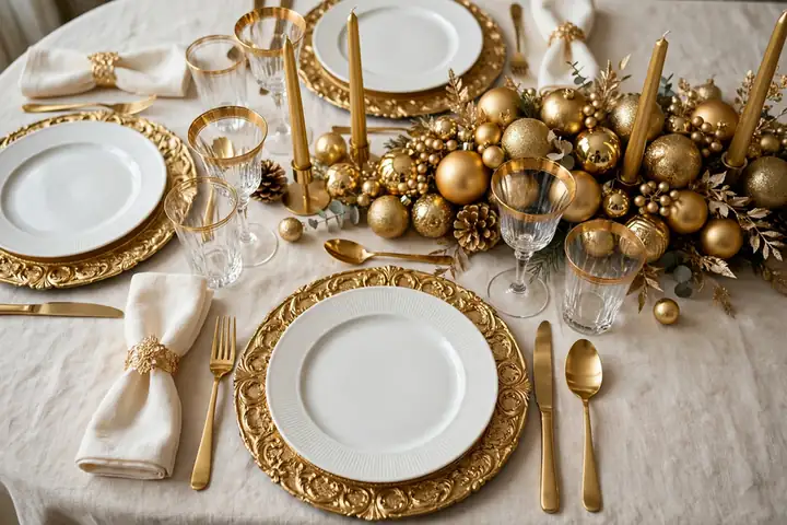 Gold charger plates with white china and crystal glasses on a christmas table