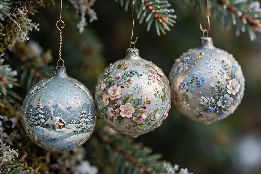 Vintage hand painted glass Christmas baubles with delicate winter scenes