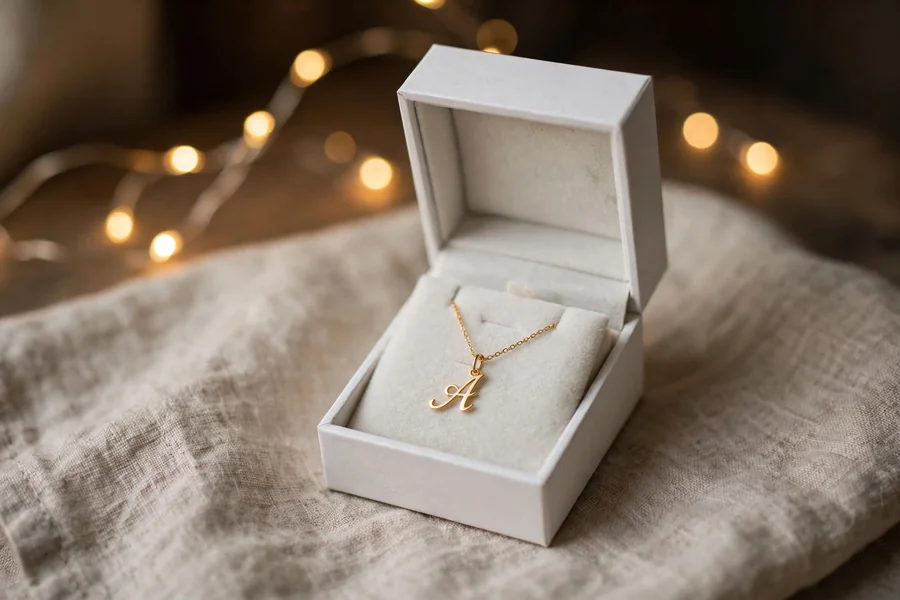 Delicate gold initial pendant necklace in a white jewelry gift box