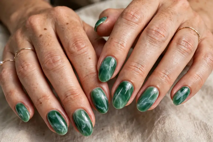 Jade green marble nails with white veining