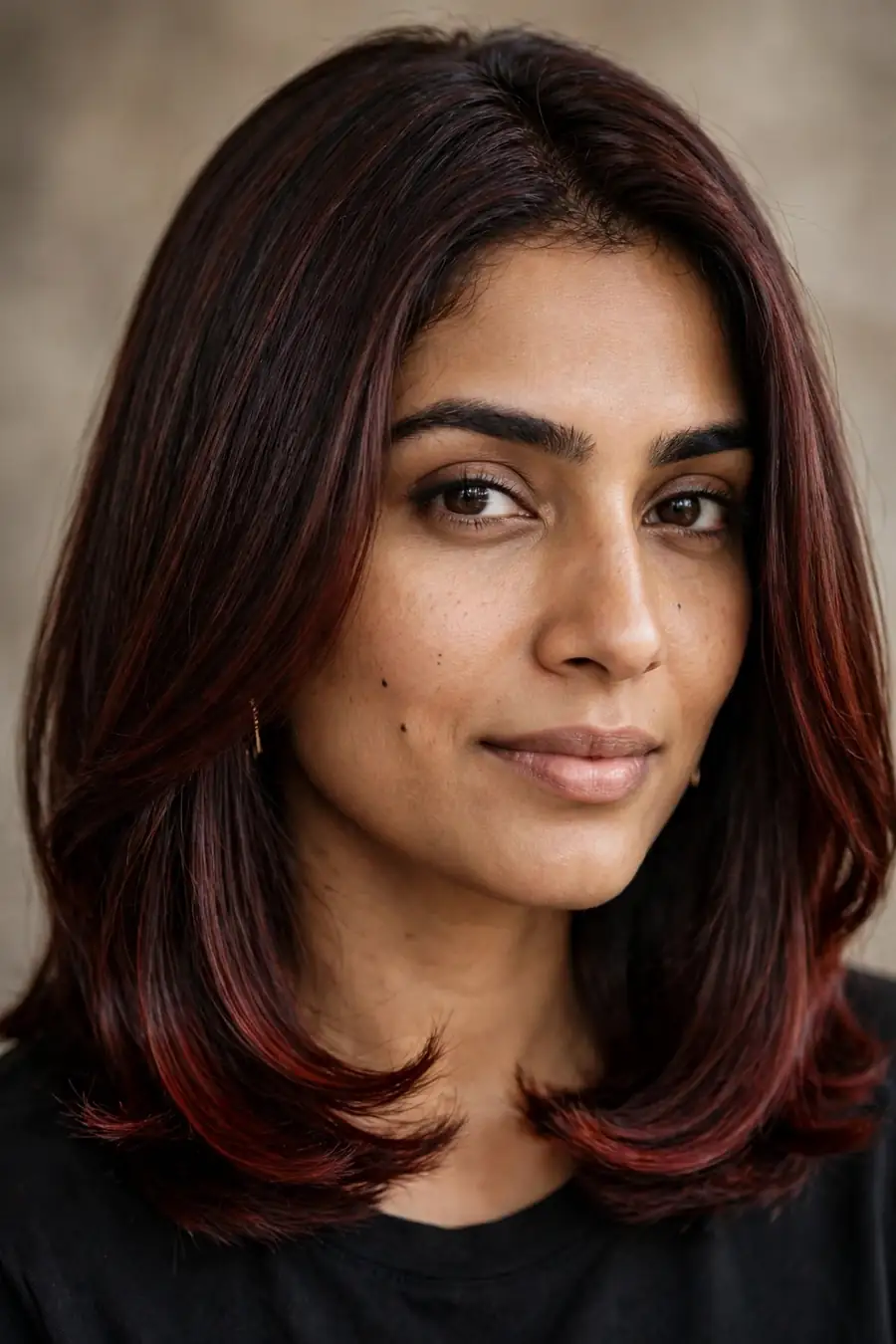 Cherry cola brunette on a sleek shoulder-length lob haircut