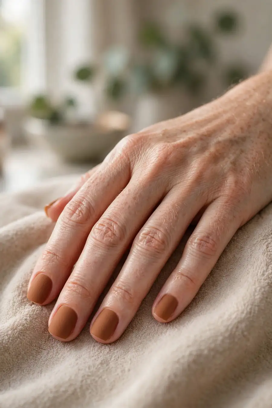 Matte caramel nude nails on short square nails with a velvety finish