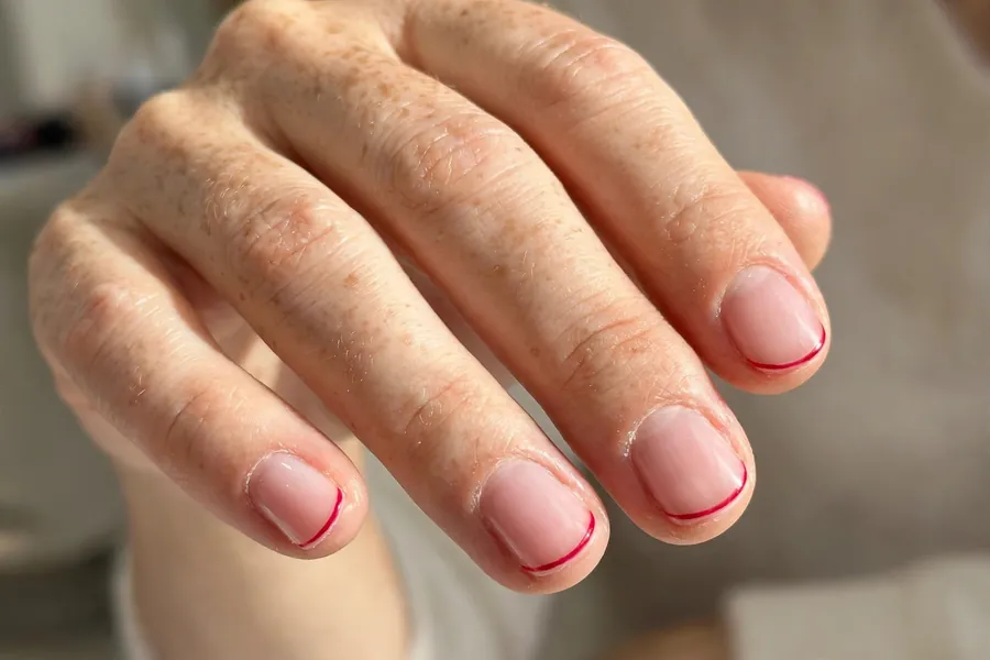Cherry red micro French tip nails