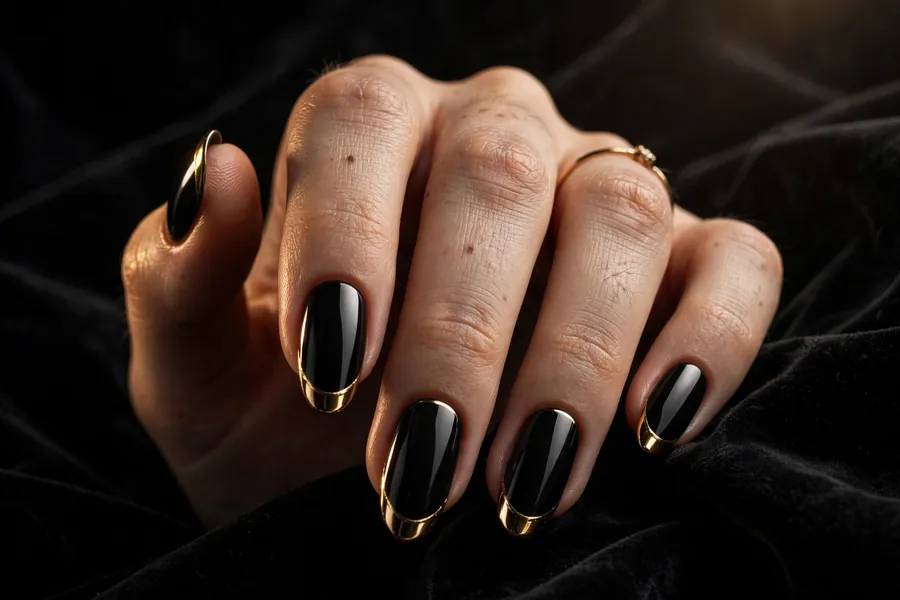 Hand with black nails and gold chrome French tips
