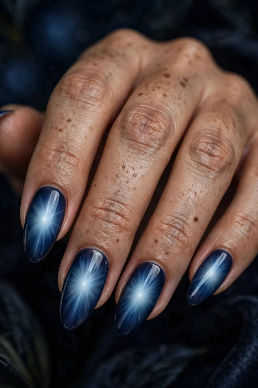 Midnight galaxy aura nails with deep indigo and navy gradients