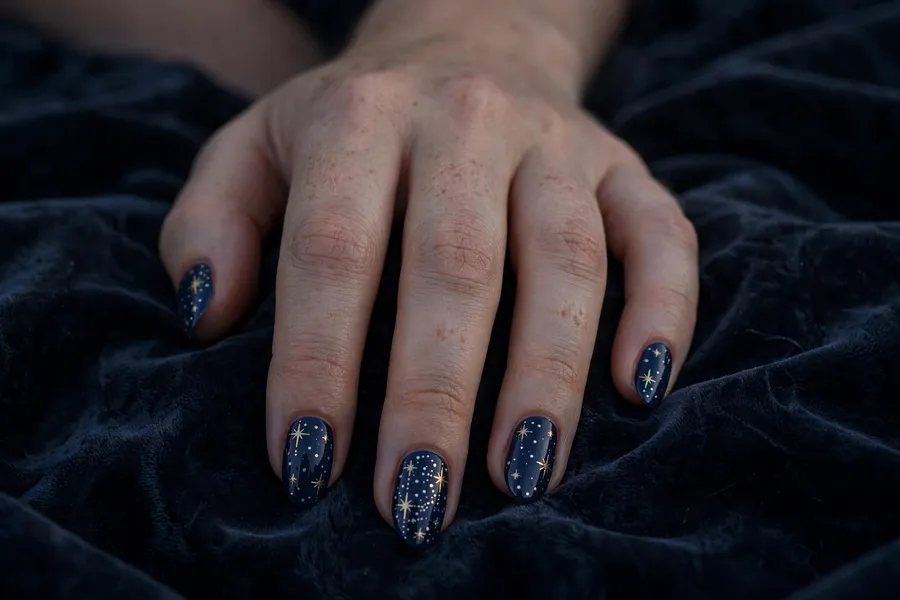 Midnight sky december nail ideas in deep navy with tiny gold stars and silver dots