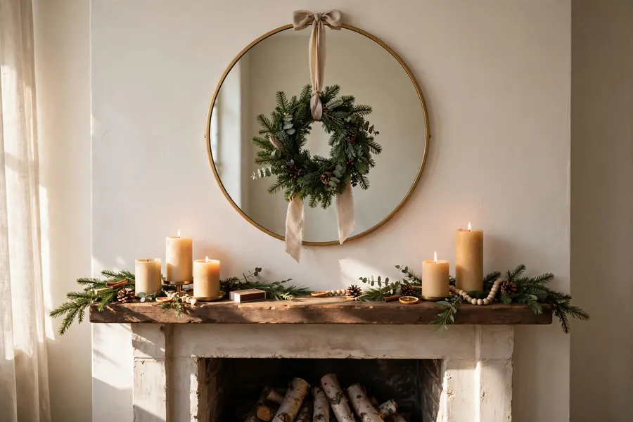 Round mirror above a Christmas mantel with a small wreath hanging on it