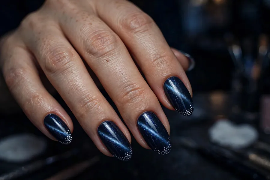 Navy midnight polka dot cat eye nails with silver dots