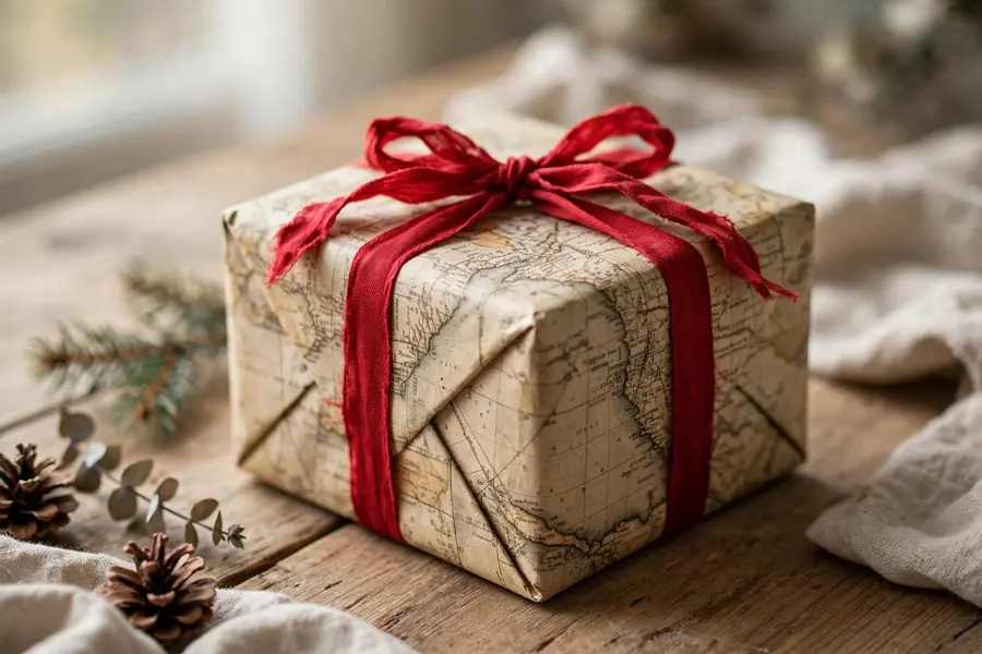 A Christmas gift wrapped in vintage map paper tied with red ribbon