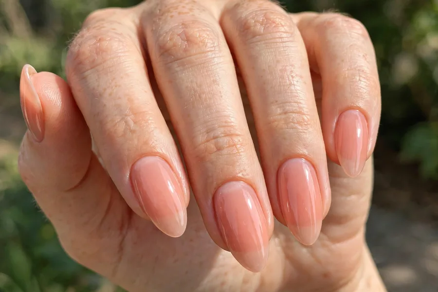 Real hand with sheer peach lip gloss nails, juicy high-shine finish