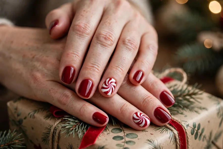 Solid red nails with one peppermint swirl accent nail on real hands