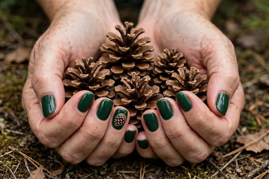 Evergreen nails with pinecone accent nail on real hands holding pinecones