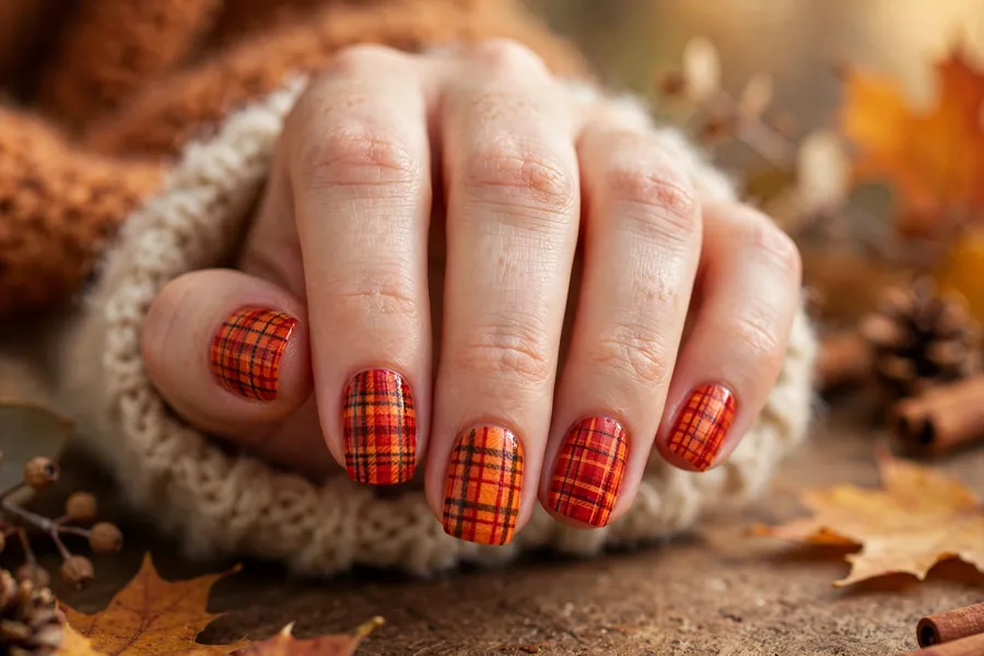 Red and orange plaid flannel nail art