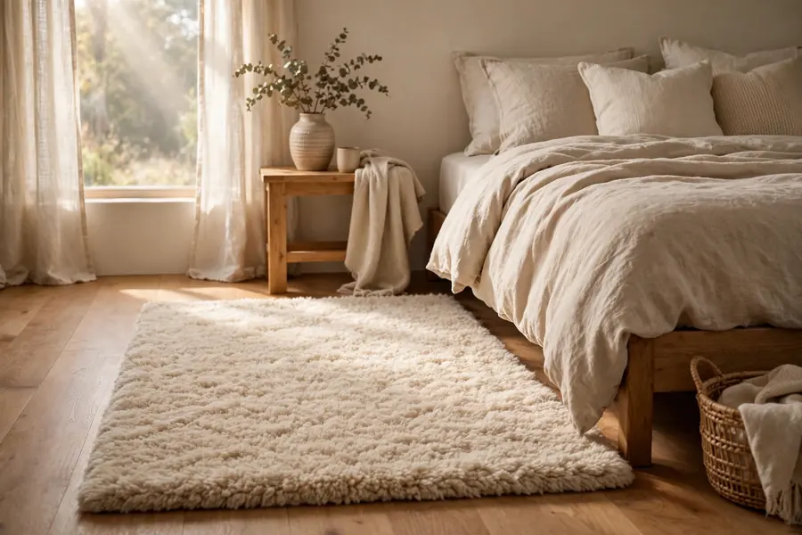 plush soft rug beside a bed in a cozy neutral bedroom