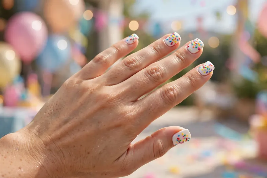 White birthday nails with rainbow sprinkle nail art