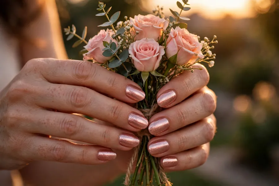 Rose gold shimmer date night nails on real hands holding a bouquet of roses